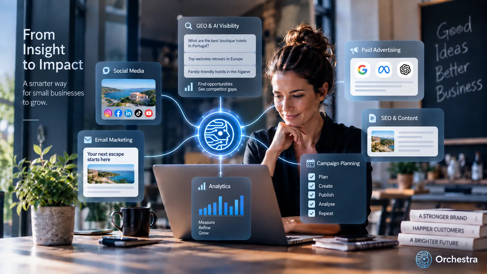 From insight to impact: a small-business owner at a laptop, with GEO and AI visibility, social media, email, paid advertising, SEO and campaign planning connected around one system