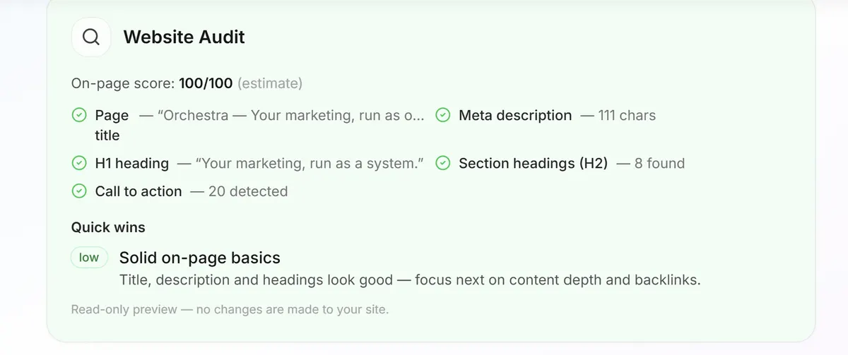 Website audit — on-page score and quick wins